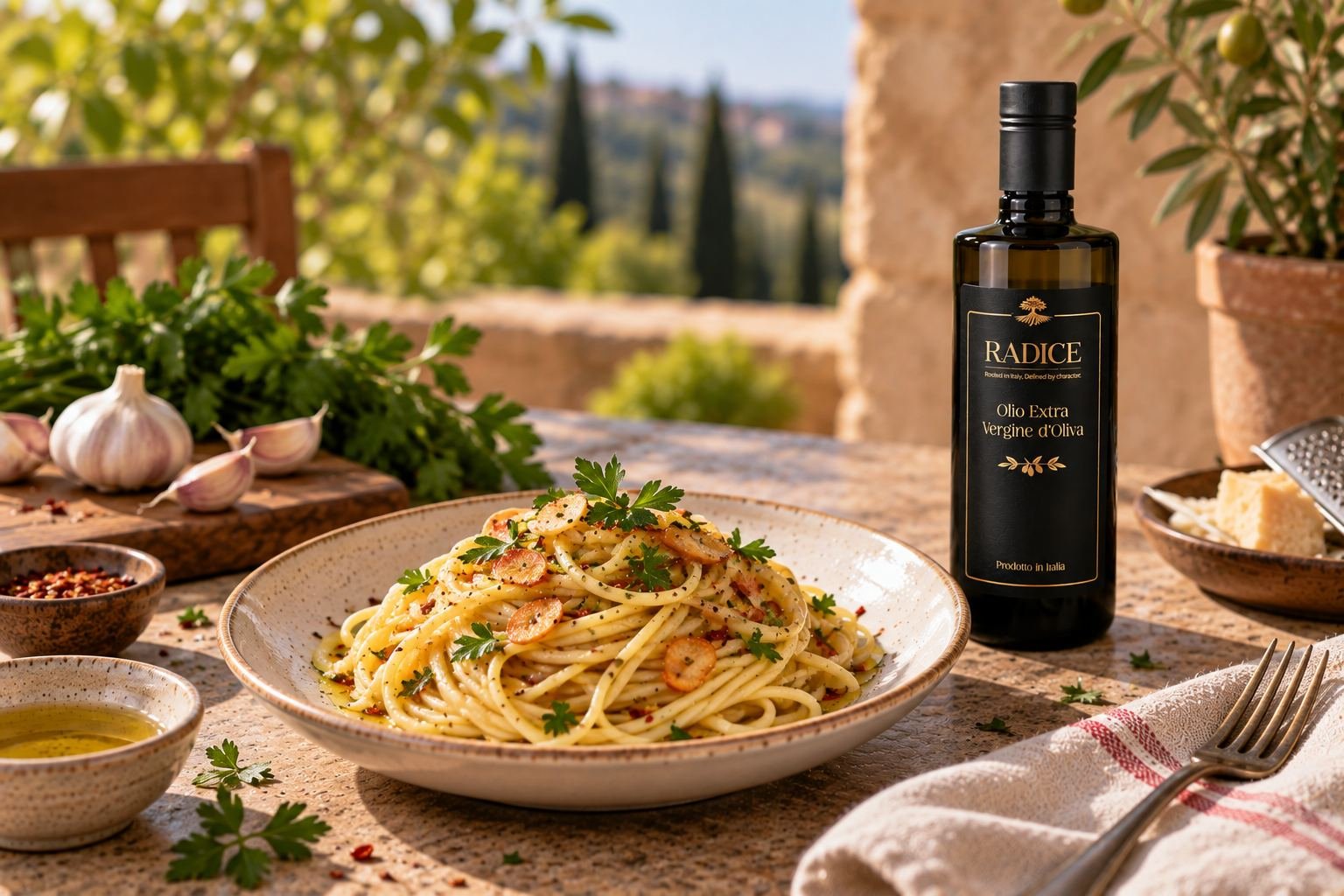 Classic Pasta Aglio e Olio with Extra Virgin Olive Oil